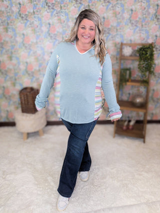 Marjorie Crewneck Aqua Hooded Pullover w/Rainbow Accents-2- Long Sleeve Tops-HAPTICS-Styled by Stacked - A Plus Size Women's Boutique in Lakeville, MN