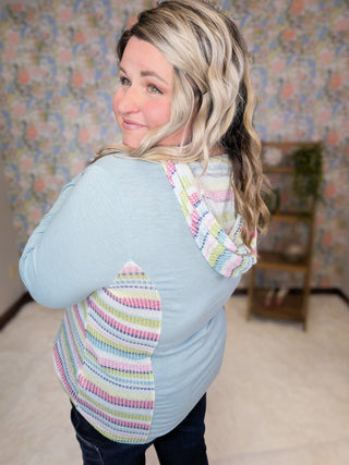 Marjorie Crewneck Aqua Hooded Pullover w/Rainbow Accents-2- Long Sleeve Tops-HAPTICS-Styled by Stacked - A Plus Size Women's Boutique in Lakeville, MN