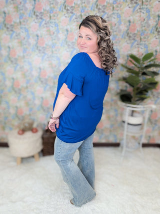 Noah Gathered Neck Short Sleeve Top in Cobalt Blue-1- ShortSlv/Slvless Tops-HEIMISH-Styled by Stacked - A Plus Size Women's Boutique in Lakeville, MN