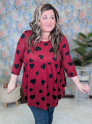 Delaine 3/4 Sleeve Babydoll in Red w/Black Hearts-2- Long Sleeve Tops-HEIMISH-Styled by Stacked - A Plus Size Women's Boutique in Lakeville, MN