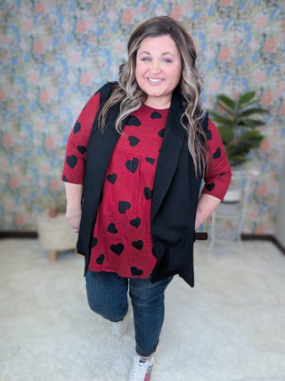 Delaine 3/4 Sleeve Babydoll in Red w/Black Hearts-2- Long Sleeve Tops-HEIMISH-Styled by Stacked - A Plus Size Women's Boutique in Lakeville, MN