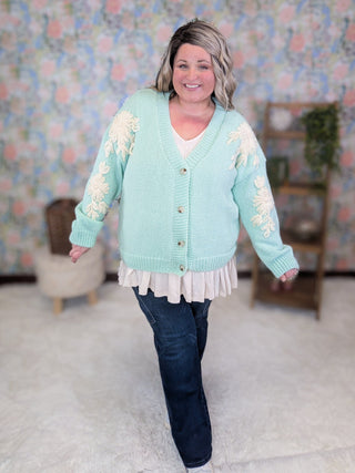 Tracey 3D Floral Cardigan in Seafoam Mint w/Cream Floral-4- Overlayer Tops-MICHELLE MAE-Styled by Stacked - A Plus Size Women's Boutique in Lakeville, MN