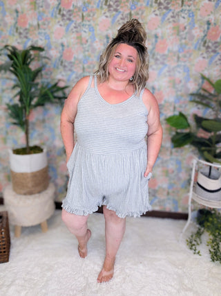 SALE- Raenee Ruffle Accent Romper in Gray + White Stripes-11- Dress/Romp/Jump-WHITE BIRCH-Styled by Stacked - A Plus Size Women's Boutique in Lakeville, MN