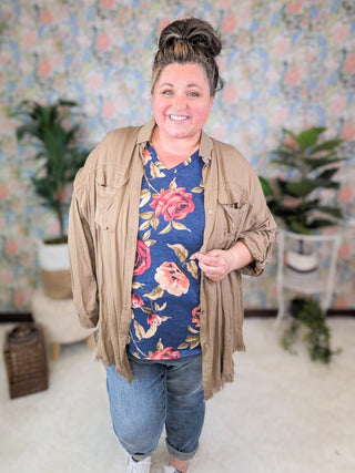 Allegria Floral Short Sleeve Vneck Tee on Navy-1- ShortSlv/Slvless Tops-sweet lovely by jen-Styled by Stacked - A Plus Size Women's Boutique in Lakeville, MN