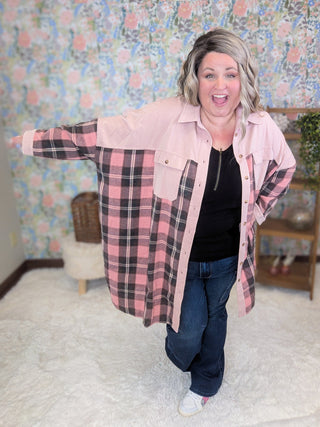 Celia Pink Plaid Longline Buttondown-4- Overlayer Tops-WHITE BIRCH-Styled by Stacked - A Plus Size Women's Boutique in Lakeville, MN