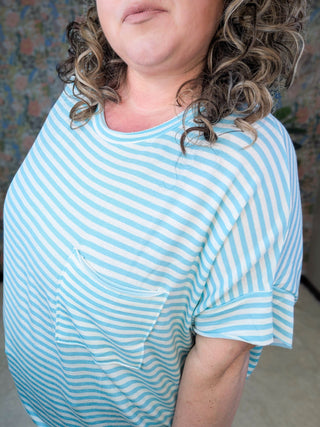 Joyce Boxy Short Sleeve Pocket Top in Aqua Stripes-1- ShortSlv/Slvless Tops-WHITE BIRCH-Styled by Stacked - A Plus Size Women's Boutique in Lakeville, MN