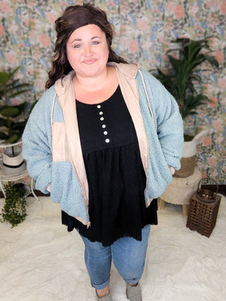 SALE- Blakely Sherpa Lightweight Hooded Jacket in Soft Blue + Taupe-4- Overlayer Tops-KORI-Styled by Stacked - A Plus Size Women's Boutique in Lakeville, MN