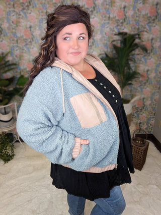 SALE- Blakely Sherpa Lightweight Hooded Jacket in Soft Blue + Taupe-4- Overlayer Tops-KORI-Styled by Stacked - A Plus Size Women's Boutique in Lakeville, MN