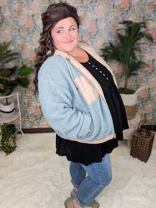 SALE- Blakely Sherpa Lightweight Hooded Jacket in Soft Blue + Taupe-4- Overlayer Tops-KORI-Styled by Stacked - A Plus Size Women's Boutique in Lakeville, MN