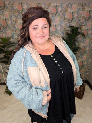 SALE- Blakely Sherpa Lightweight Hooded Jacket in Soft Blue + Taupe-4- Overlayer Tops-KORI-Styled by Stacked - A Plus Size Women's Boutique in Lakeville, MN