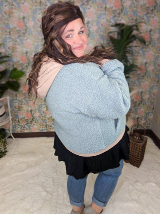 SALE- Blakely Sherpa Lightweight Hooded Jacket in Soft Blue + Taupe-4- Overlayer Tops-KORI-Styled by Stacked - A Plus Size Women's Boutique in Lakeville, MN