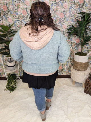 SALE- Blakely Sherpa Lightweight Hooded Jacket in Soft Blue + Taupe-4- Overlayer Tops-KORI-Styled by Stacked - A Plus Size Women's Boutique in Lakeville, MN