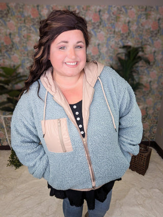 SALE- Blakely Sherpa Lightweight Hooded Jacket in Soft Blue + Taupe-4- Overlayer Tops-KORI-Styled by Stacked - A Plus Size Women's Boutique in Lakeville, MN