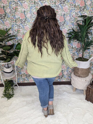 SALE- McKenzie Pistachio Sherpa Light Jacket w/Plaid Accents-4- Overlayer Tops-KORI-Styled by Stacked - A Plus Size Women's Boutique in Lakeville, MN
