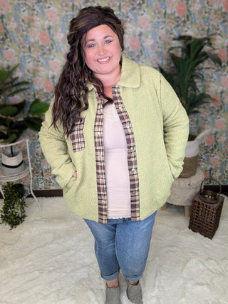 SALE- McKenzie Pistachio Sherpa Light Jacket w/Plaid Accents-4- Overlayer Tops-KORI-Styled by Stacked - A Plus Size Women's Boutique in Lakeville, MN