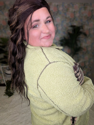 SALE- McKenzie Pistachio Sherpa Light Jacket w/Plaid Accents-4- Overlayer Tops-KORI-Styled by Stacked - A Plus Size Women's Boutique in Lakeville, MN