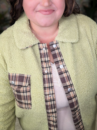 SALE- McKenzie Pistachio Sherpa Light Jacket w/Plaid Accents-4- Overlayer Tops-KORI-Styled by Stacked - A Plus Size Women's Boutique in Lakeville, MN
