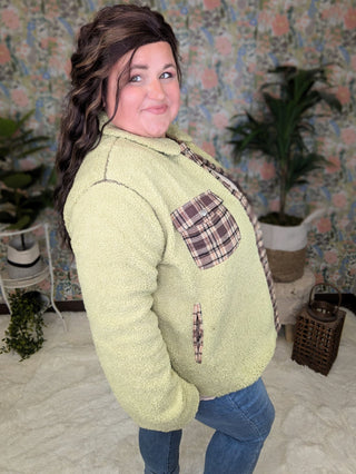 SALE- McKenzie Pistachio Sherpa Light Jacket w/Plaid Accents-4- Overlayer Tops-KORI-Styled by Stacked - A Plus Size Women's Boutique in Lakeville, MN