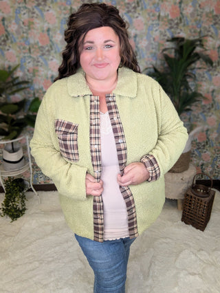 SALE- McKenzie Pistachio Sherpa Light Jacket w/Plaid Accents-4- Overlayer Tops-KORI-Styled by Stacked - A Plus Size Women's Boutique in Lakeville, MN