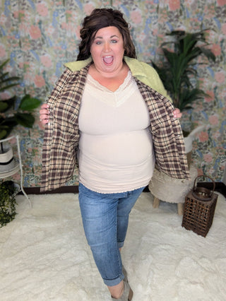 SALE- McKenzie Pistachio Sherpa Light Jacket w/Plaid Accents-4- Overlayer Tops-KORI-Styled by Stacked - A Plus Size Women's Boutique in Lakeville, MN