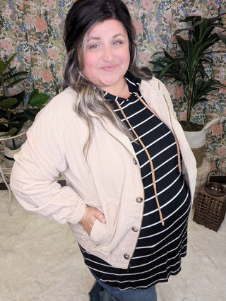 SALE- Lowry Brushed Corduroy Jacket in Taupe Cream-4- Overlayer Tops-KORI-Styled by Stacked - A Plus Size Women's Boutique in Lakeville, MN
