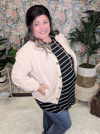 SALE- Lowry Brushed Corduroy Jacket in Taupe Cream-4- Overlayer Tops-KORI-Styled by Stacked - A Plus Size Women's Boutique in Lakeville, MN