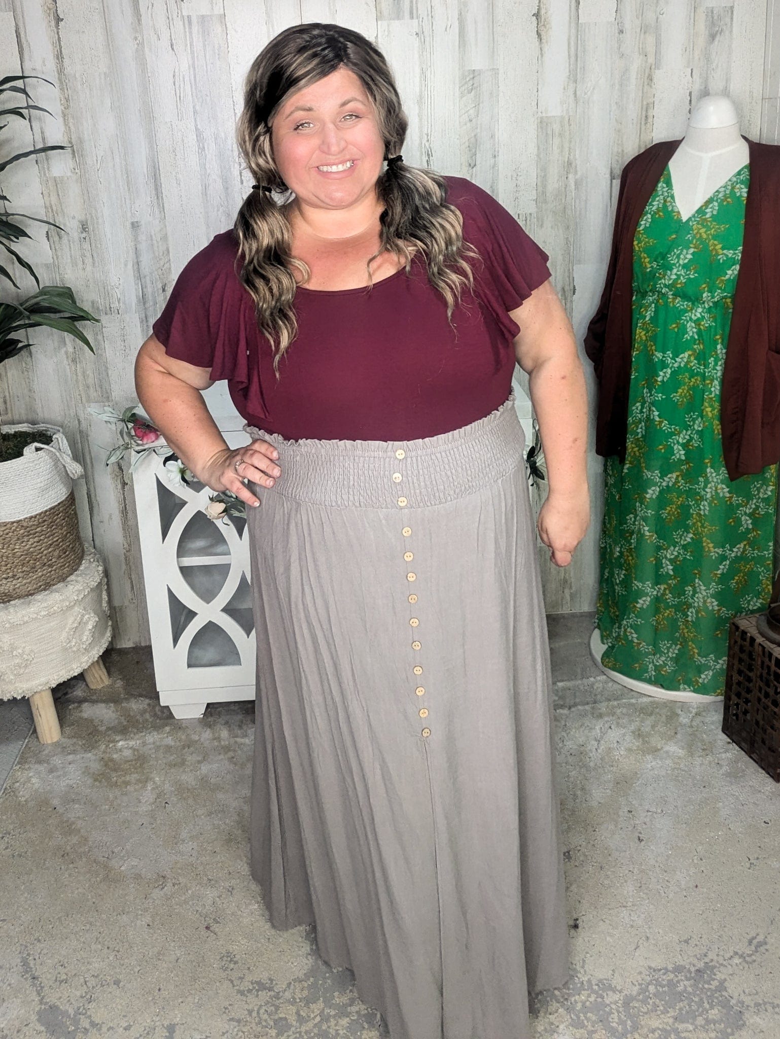 Talaya Button Detail Maxi Skirt in Khaki Gray