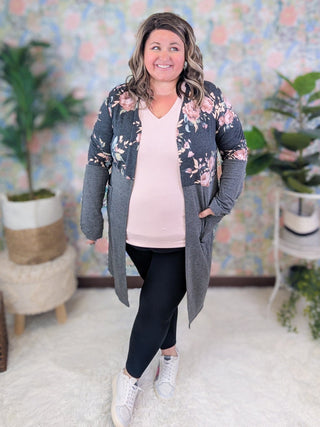 Kirby Colorblock Cardigan in Charcoal Floral-4- Overlayer Tops-HEIMISH-Styled by Stacked - A Plus Size Women's Boutique in Lakeville, MN
