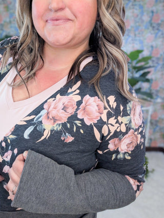 Kirby Colorblock Cardigan in Charcoal Floral-4- Overlayer Tops-HEIMISH-Styled by Stacked - A Plus Size Women's Boutique in Lakeville, MN