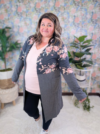 Kirby Colorblock Cardigan in Charcoal Floral-4- Overlayer Tops-HEIMISH-Styled by Stacked - A Plus Size Women's Boutique in Lakeville, MN
