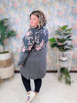 Kirby Colorblock Cardigan in Charcoal Floral-4- Overlayer Tops-HEIMISH-Styled by Stacked - A Plus Size Women's Boutique in Lakeville, MN