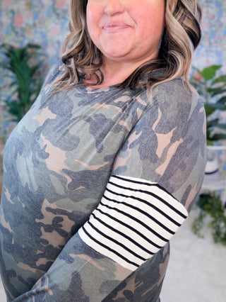 Sylvie Camo Pullover w/Stripe Accent-2- Long Sleeve Tops-LOVELY MELODY-Styled by Stacked - A Plus Size Women's Boutique in Lakeville, MN