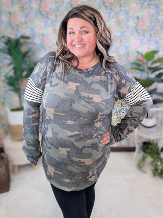 Sylvie Camo Pullover w/Stripe Accent-2- Long Sleeve Tops-LOVELY MELODY-Styled by Stacked - A Plus Size Women's Boutique in Lakeville, MN