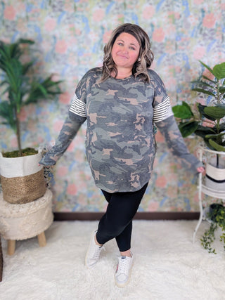 Sylvie Camo Pullover w/Stripe Accent-2- Long Sleeve Tops-LOVELY MELODY-Styled by Stacked - A Plus Size Women's Boutique in Lakeville, MN
