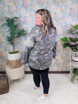 Sylvie Camo Pullover w/Stripe Accent-2- Long Sleeve Tops-LOVELY MELODY-Styled by Stacked - A Plus Size Women's Boutique in Lakeville, MN