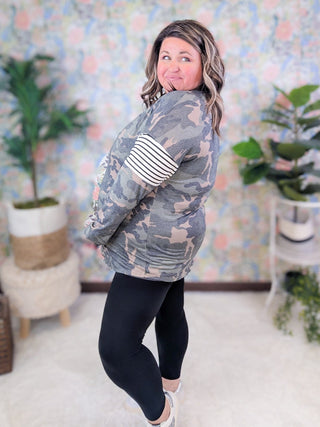 Sylvie Camo Pullover w/Stripe Accent-2- Long Sleeve Tops-LOVELY MELODY-Styled by Stacked - A Plus Size Women's Boutique in Lakeville, MN