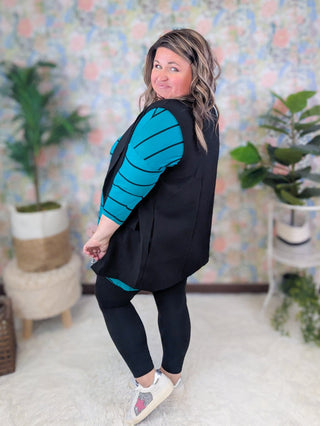 Sharon Button Back 3/4 Sleeve Tunic in Teal + Black Stripe-2- Long Sleeve Tops-EMERALD-Styled by Stacked - A Plus Size Women's Boutique in Lakeville, MN