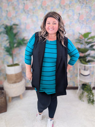Sharon Button Back 3/4 Sleeve Tunic in Teal + Black Stripe-2- Long Sleeve Tops-EMERALD-Styled by Stacked - A Plus Size Women's Boutique in Lakeville, MN