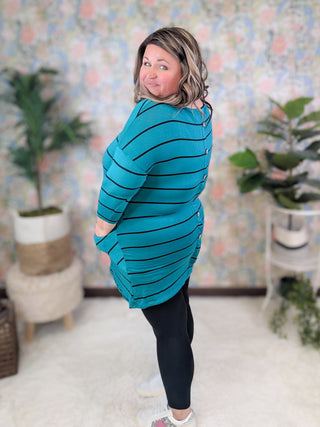 Sharon Button Back 3/4 Sleeve Tunic in Teal + Black Stripe-2- Long Sleeve Tops-EMERALD-Styled by Stacked - A Plus Size Women's Boutique in Lakeville, MN