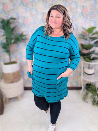 Sharon Button Back 3/4 Sleeve Tunic in Teal + Black Stripe-2- Long Sleeve Tops-EMERALD-Styled by Stacked - A Plus Size Women's Boutique in Lakeville, MN