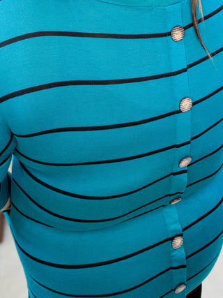 Sharon Button Back 3/4 Sleeve Tunic in Teal + Black Stripe-2- Long Sleeve Tops-EMERALD-Styled by Stacked - A Plus Size Women's Boutique in Lakeville, MN