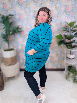 Sharon Button Back 3/4 Sleeve Tunic in Teal + Black Stripe-2- Long Sleeve Tops-EMERALD-Styled by Stacked - A Plus Size Women's Boutique in Lakeville, MN