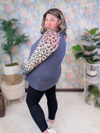 Crystal Charcoal Raglan Top w/Waffle Knit Animal Print Sleeves-2- Long Sleeve Tops-HAPTICS-Styled by Stacked - A Plus Size Women's Boutique in Lakeville, MN