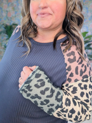 Crystal Charcoal Raglan Top w/Waffle Knit Animal Print Sleeves-2- Long Sleeve Tops-HAPTICS-Styled by Stacked - A Plus Size Women's Boutique in Lakeville, MN