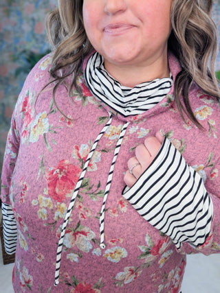 Sheila Mauve Floral Funnelneck Pullover w/Striped Accents-2- Long Sleeve Tops-HAPTICS-Styled by Stacked - A Plus Size Women's Boutique in Lakeville, MN