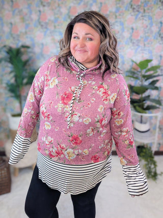Sheila Mauve Floral Funnelneck Pullover w/Striped Accents-2- Long Sleeve Tops-HAPTICS-Styled by Stacked - A Plus Size Women's Boutique in Lakeville, MN