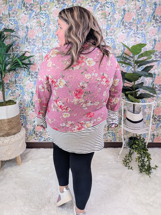 Sheila Mauve Floral Funnelneck Pullover w/Striped Accents-2- Long Sleeve Tops-HAPTICS-Styled by Stacked - A Plus Size Women's Boutique in Lakeville, MN