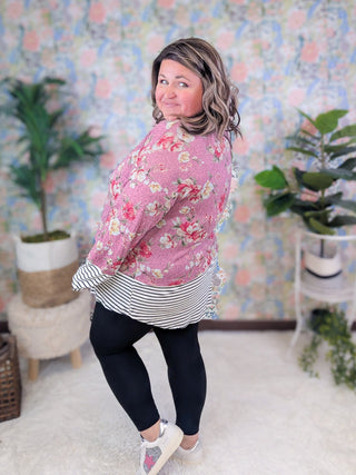 Sheila Mauve Floral Funnelneck Pullover w/Striped Accents-2- Long Sleeve Tops-HAPTICS-Styled by Stacked - A Plus Size Women's Boutique in Lakeville, MN