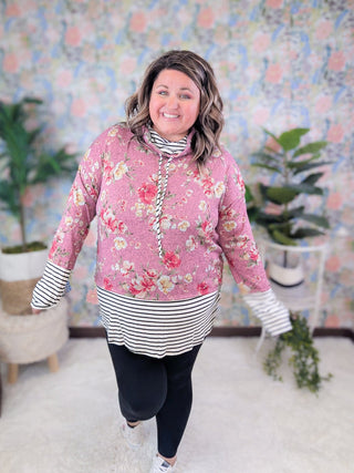 Sheila Mauve Floral Funnelneck Pullover w/Striped Accents-2- Long Sleeve Tops-HAPTICS-Styled by Stacked - A Plus Size Women's Boutique in Lakeville, MN