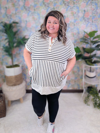 Jeni Short Sleeve Dolman Pullover w/Kanragoo Pocket in Black Stripe-1- ShortSlv/Slvless Tops-HEIMISH-Styled by Stacked - A Plus Size Women's Boutique in Lakeville, MN